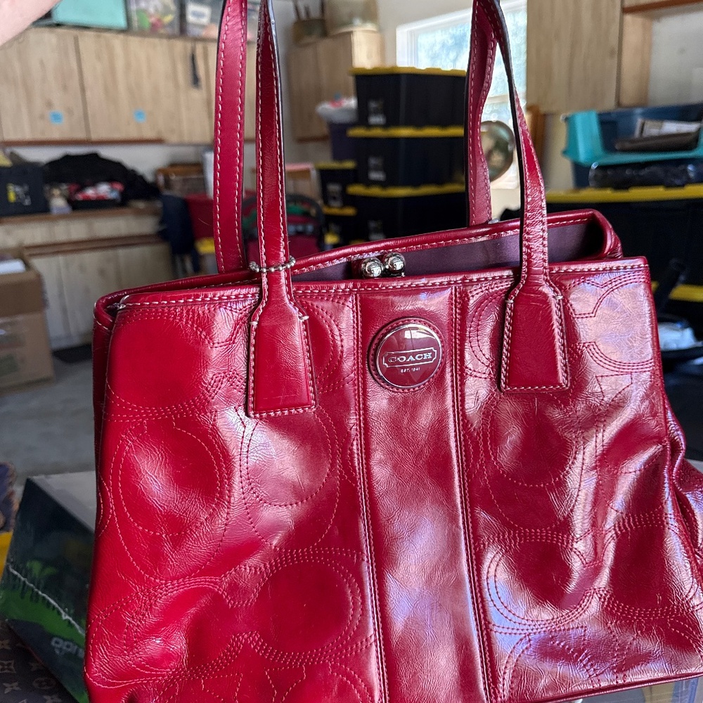 French Red Coach Patent Leather Shoulder Bag